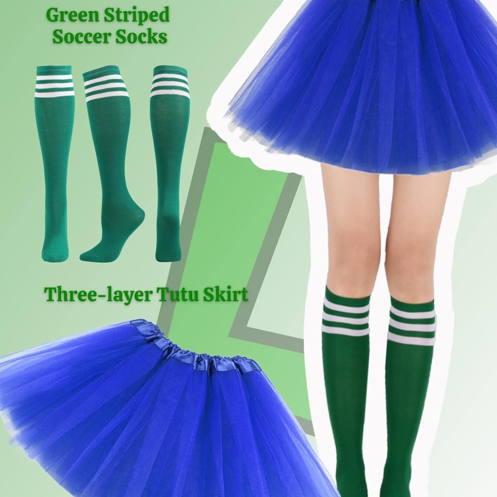 Luigi Inspired Costume Set Green Hat Blue Tutu Suspenders Gloves Adult - Picture 4 of 7